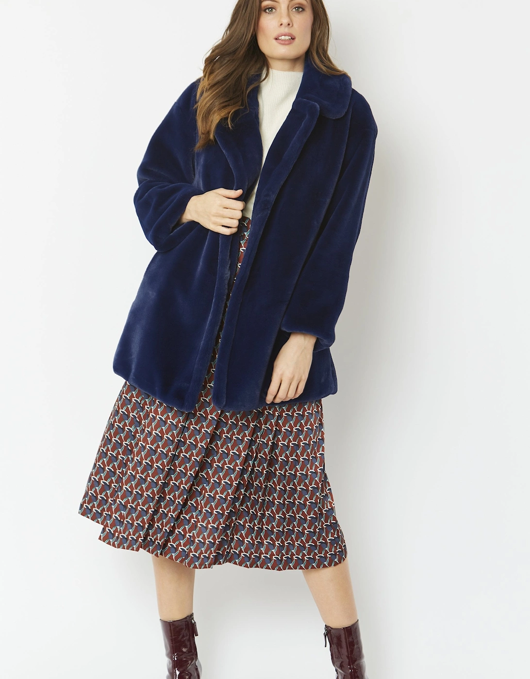 Navy Faux Fur Midi Coat