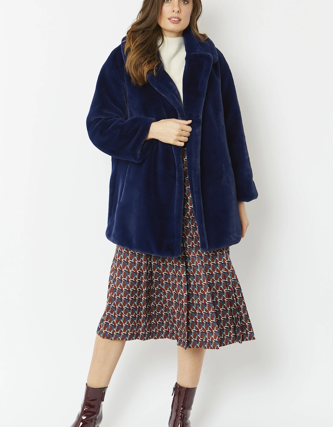 Navy Faux Fur Midi Coat