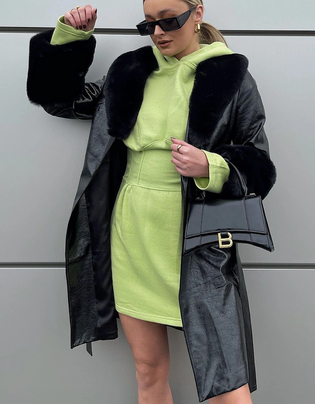 Black Luxury Faux Leather Aubrey Coat With Detachable Faux Fur Cuffs & Collar