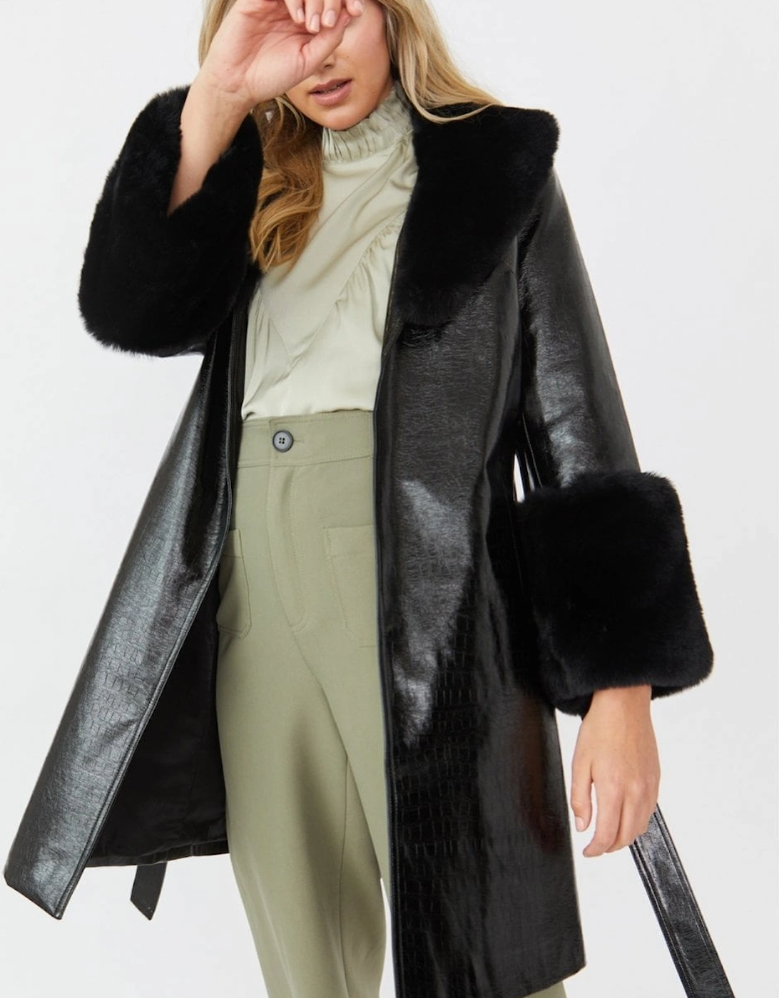 Black Luxury Faux Leather Aubrey Coat With Detachable Faux Fur Cuffs & Collar