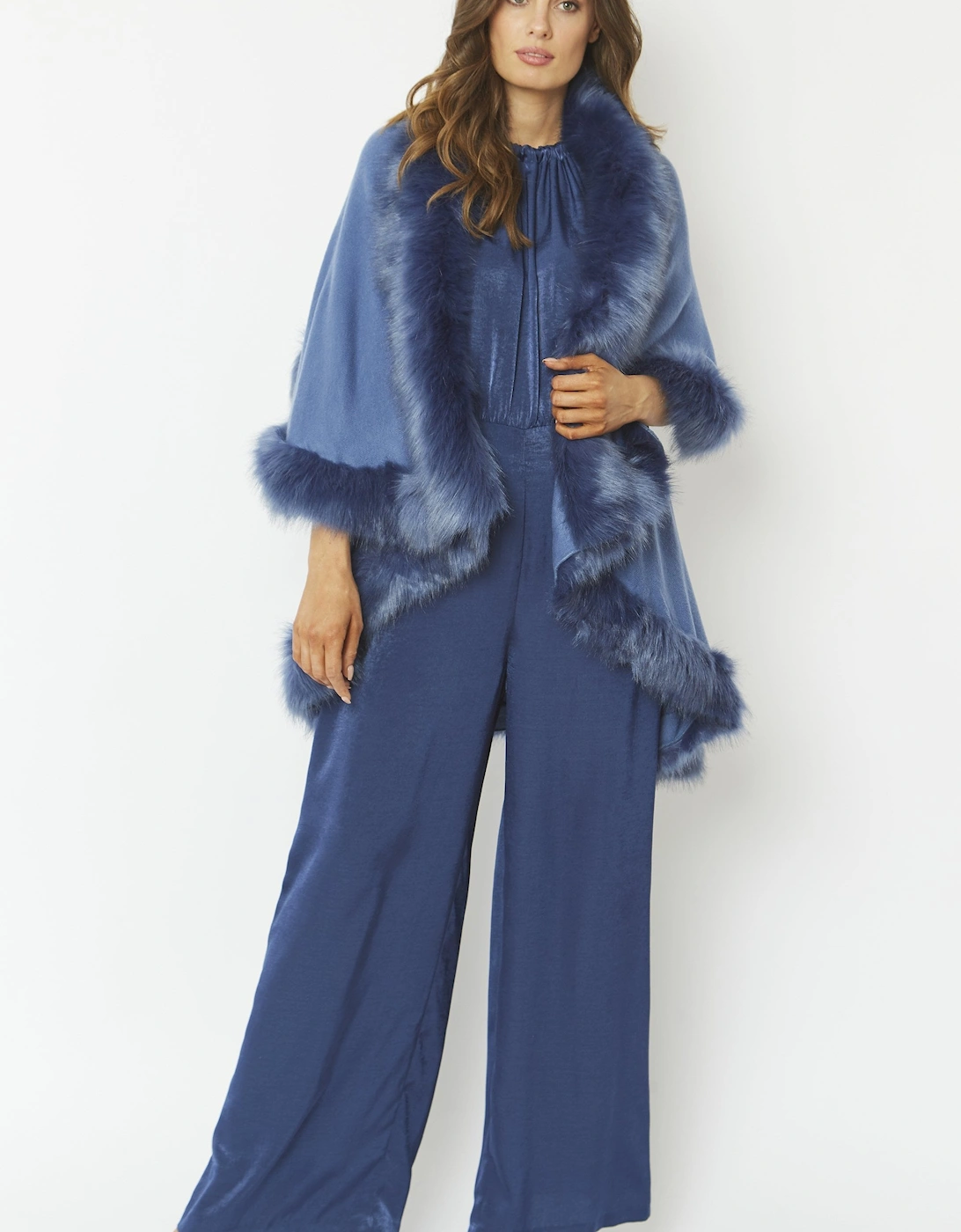 Blue Knitted Luxury Faux Fur Cape