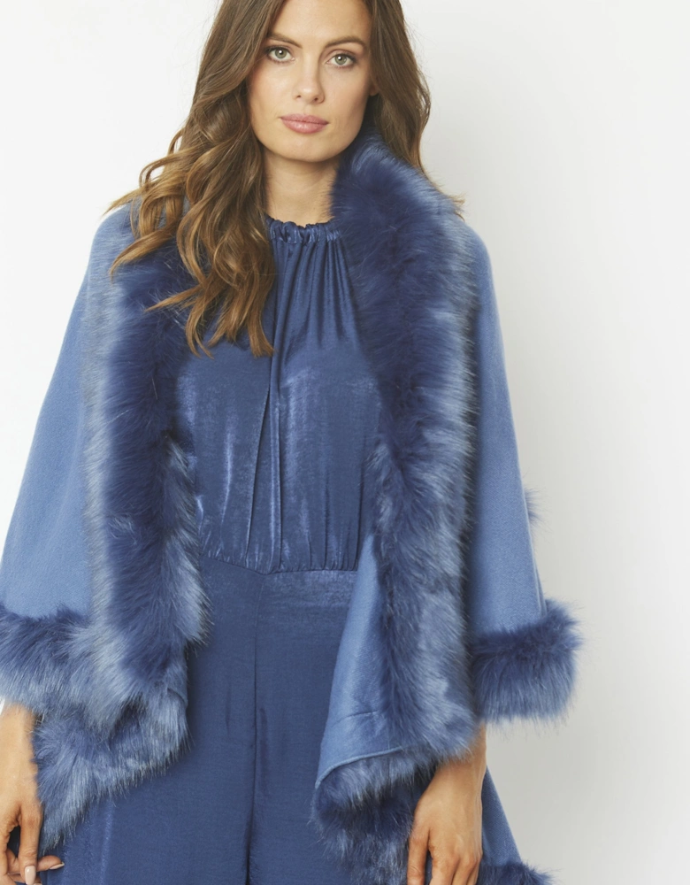 Blue Knitted Luxury Faux Fur Cape