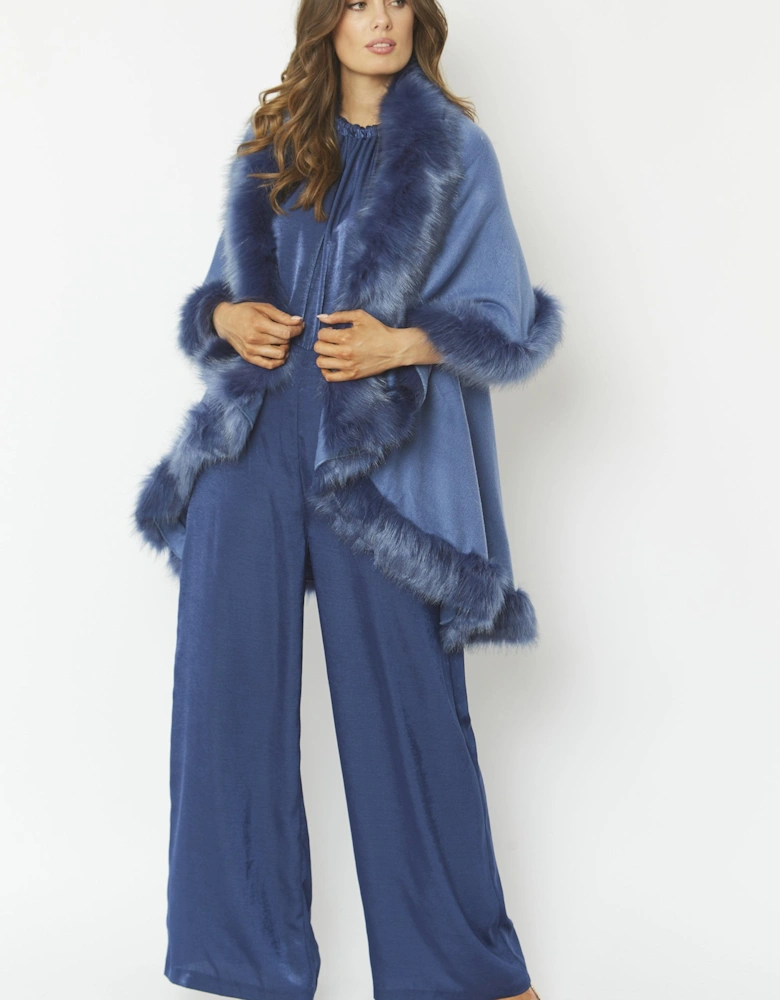 Blue Knitted Luxury Faux Fur Cape