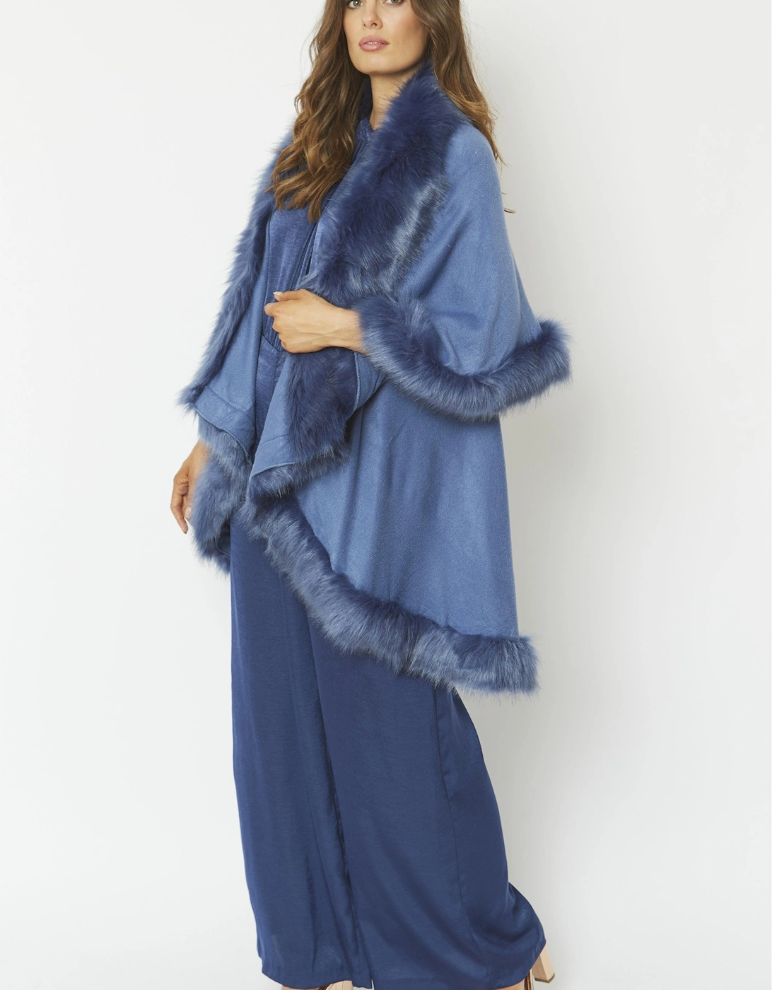 Blue Knitted Luxury Faux Fur Cape