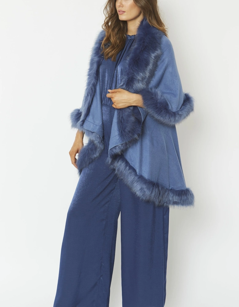 Blue Knitted Luxury Faux Fur Cape