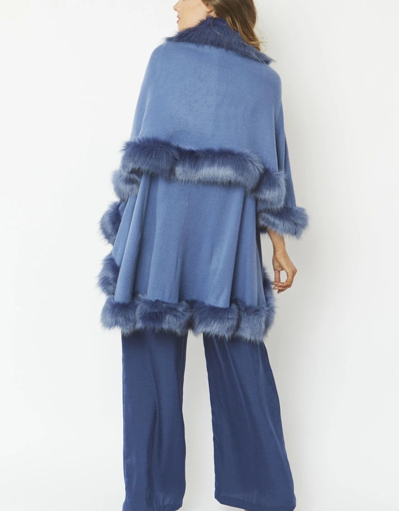 Blue Knitted Luxury Faux Fur Cape