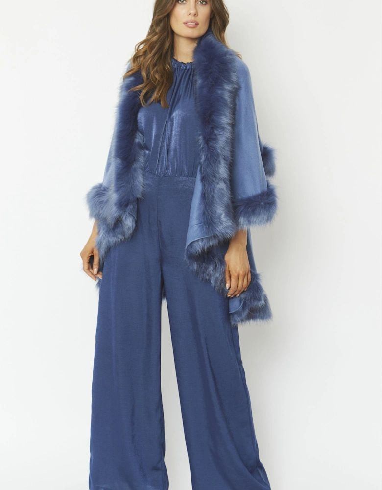 Blue Knitted Luxury Faux Fur Cape