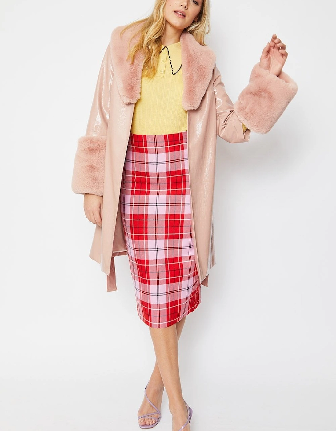 Pink Luxury Faux Leather Aubrey Coat With Detachable Faux Fur Cuffs & Collar