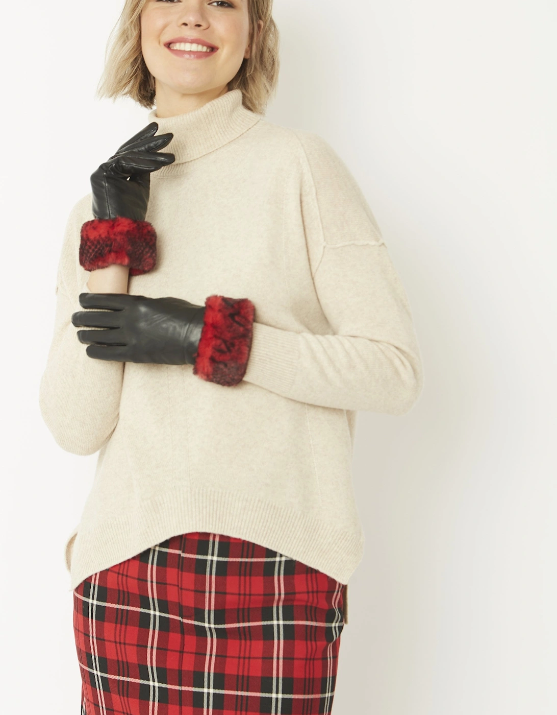 Red Leather Gloves With Faux Fur Trim