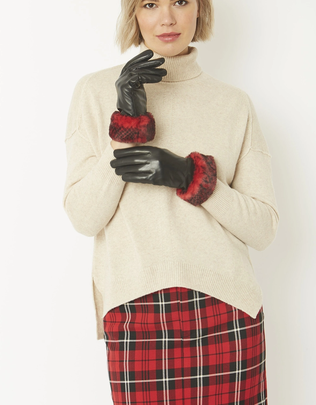 Red Leather Gloves With Faux Fur Trim