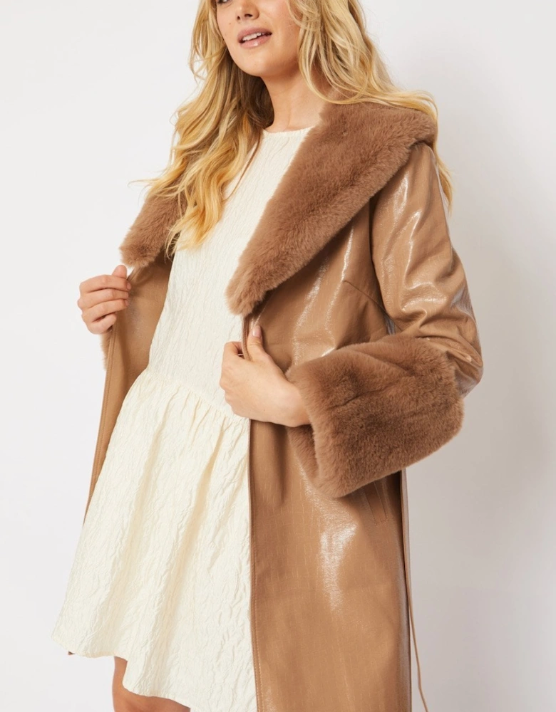 Mocha Luxury Faux Leather Aubrey Coat With Detachable Faux Fur Cuffs & Collar
