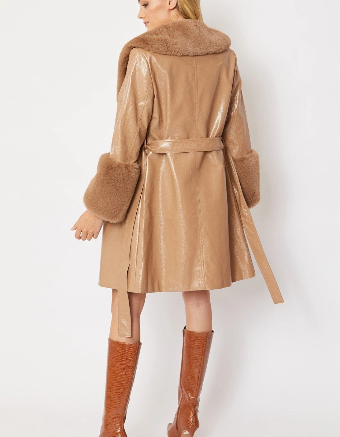 Mocha Luxury Faux Leather Aubrey Coat With Detachable Faux Fur Cuffs & Collar