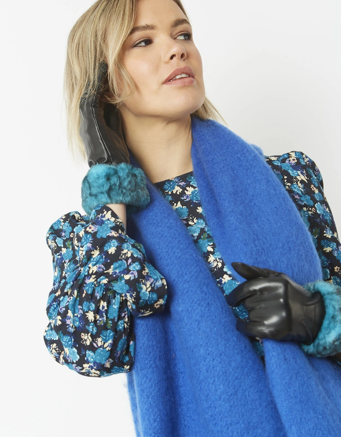 Blue Leather Gloves With Faux Fur Trim