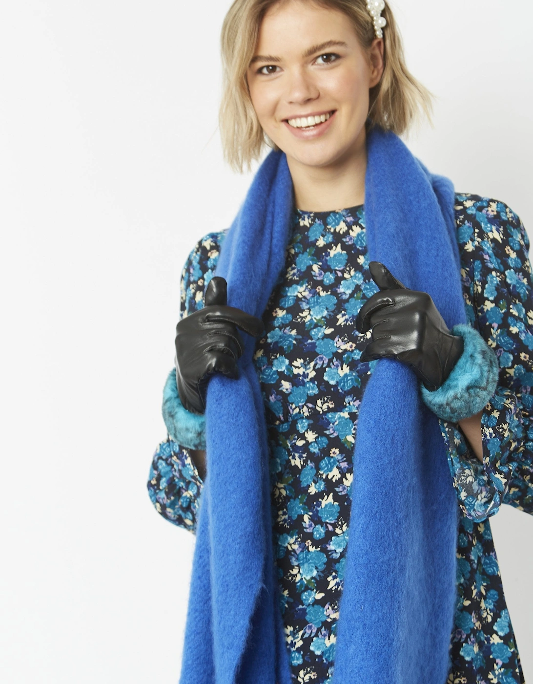 Blue Leather Gloves With Faux Fur Trim