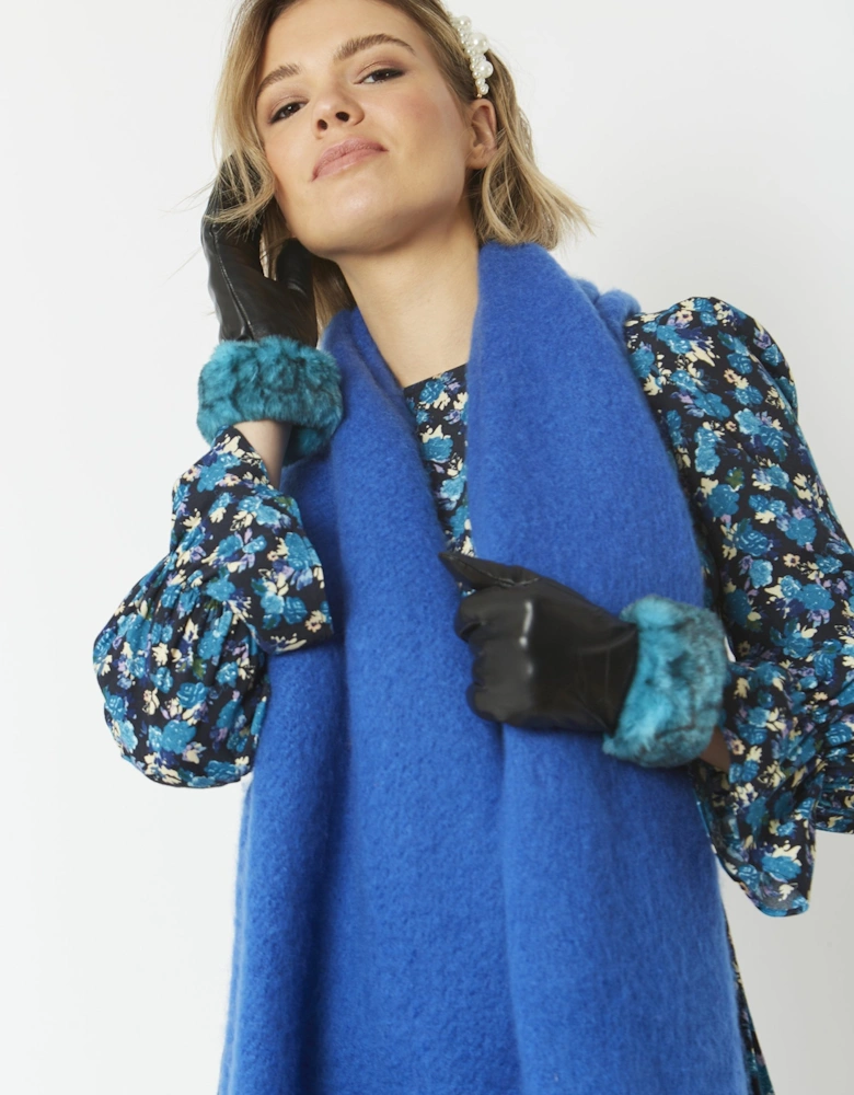 Blue Leather Gloves With Faux Fur Trim