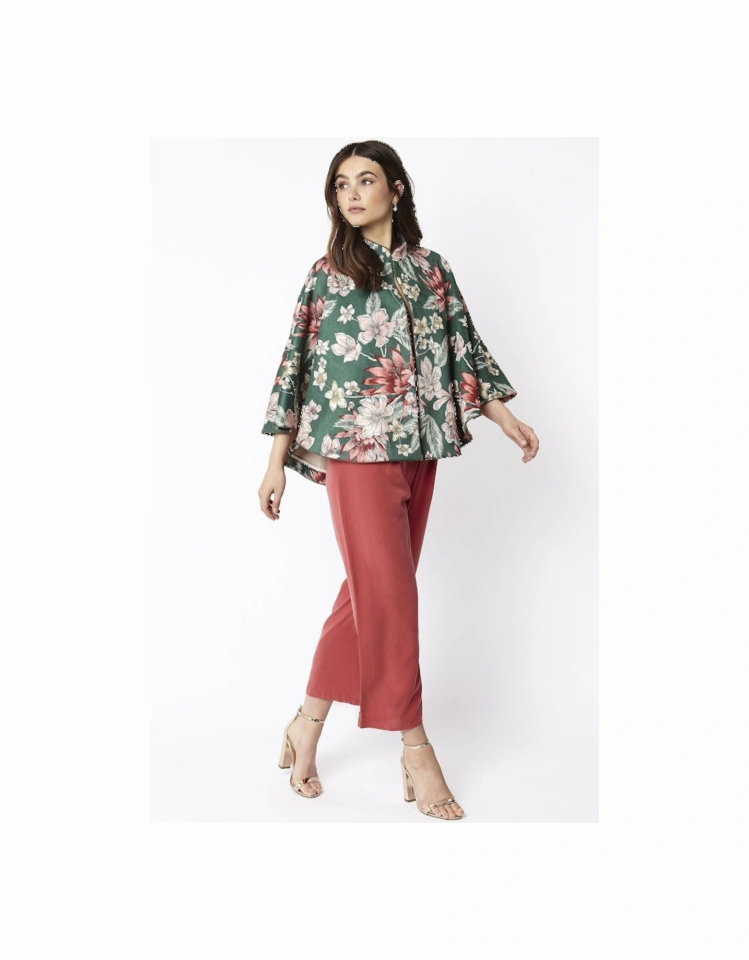 Green Floral Print Faux Suede Cape Jacket, 5 of 4