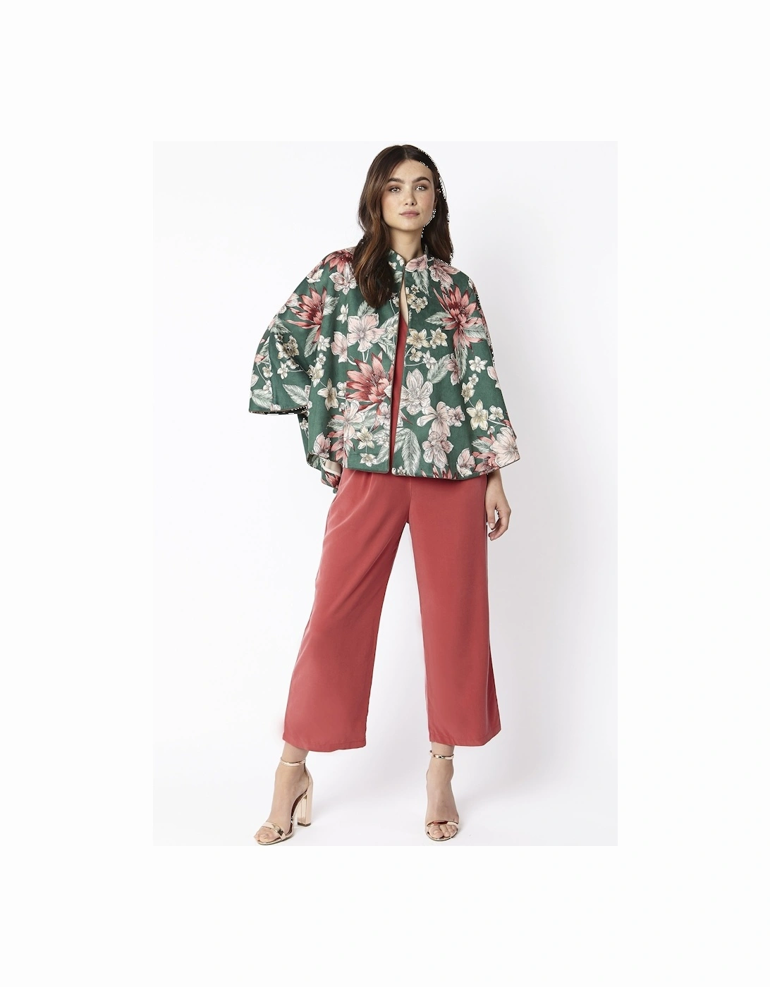 Green Floral Print Faux Suede Cape Jacket