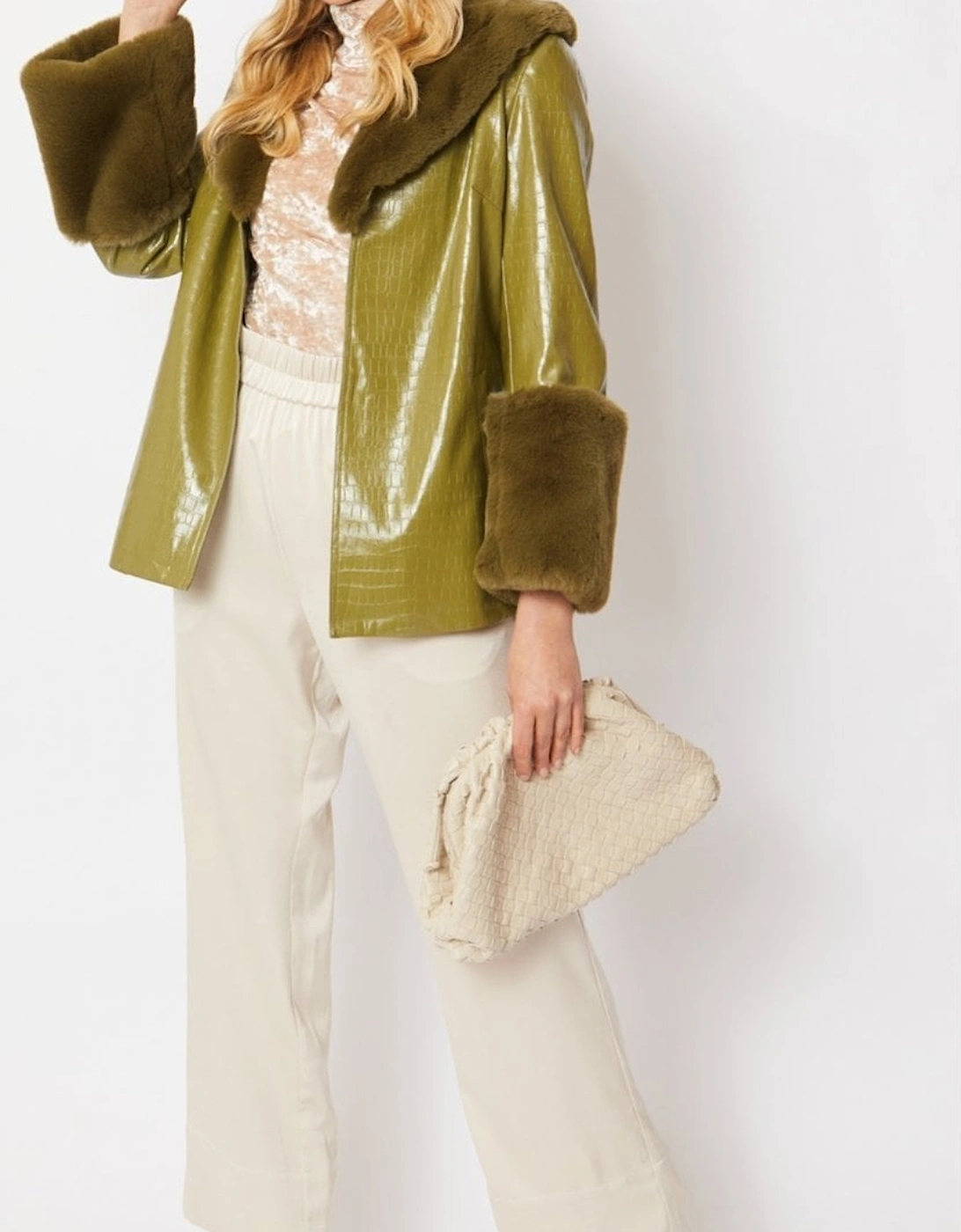 Green Faux Suede With Detachable Faux Fur Collar and Cuffs