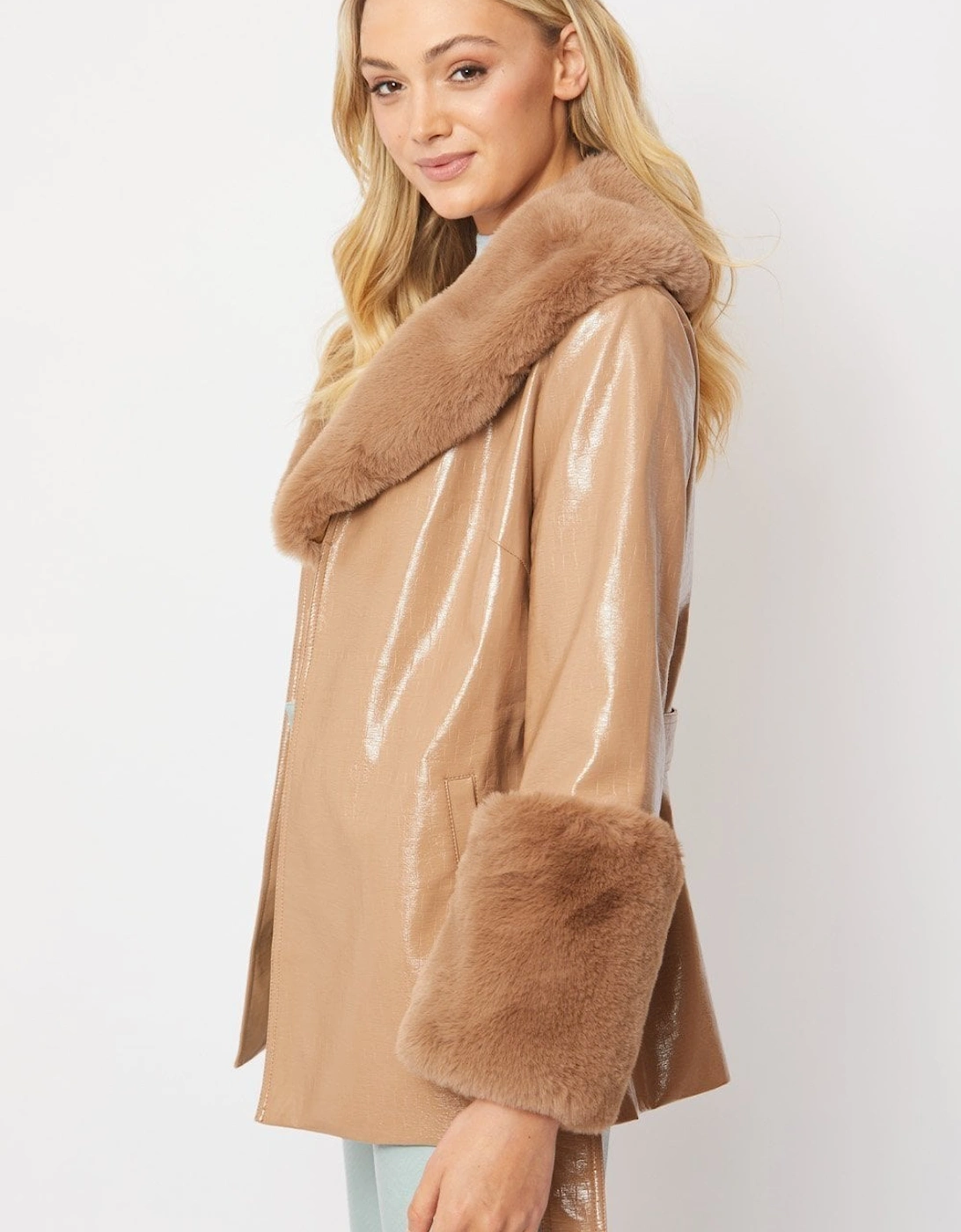 Mocha Faux Suede With Detachable Faux Fur Collar and Cuffs