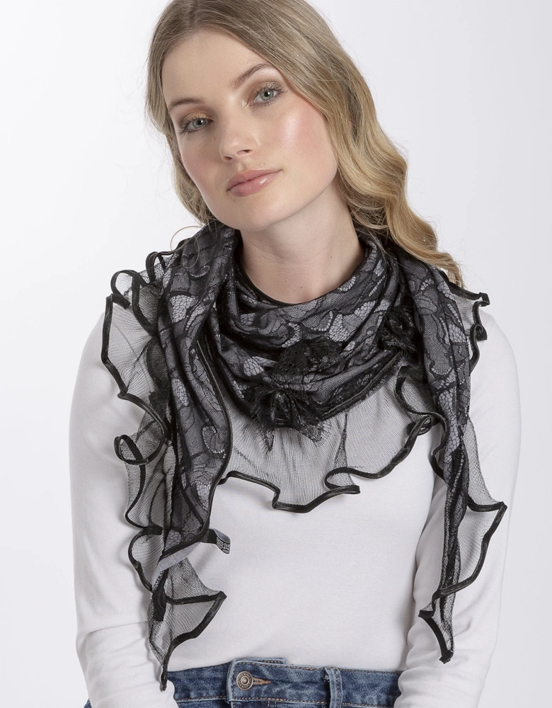 Grey Fine Knit and Lace Scarf