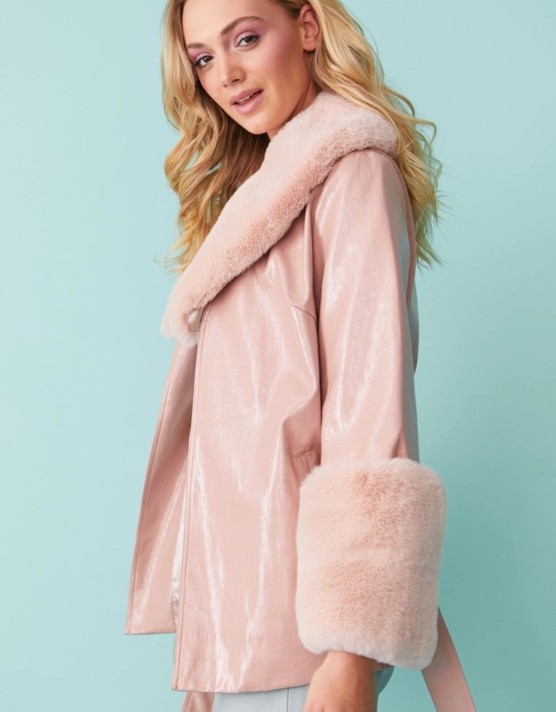 Pink Faux Suede With Detachable Faux Fur Collar and Cuffs