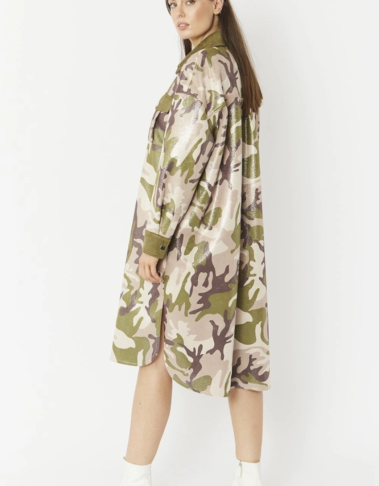 Green Faux Suede Camo Print Utility Dress