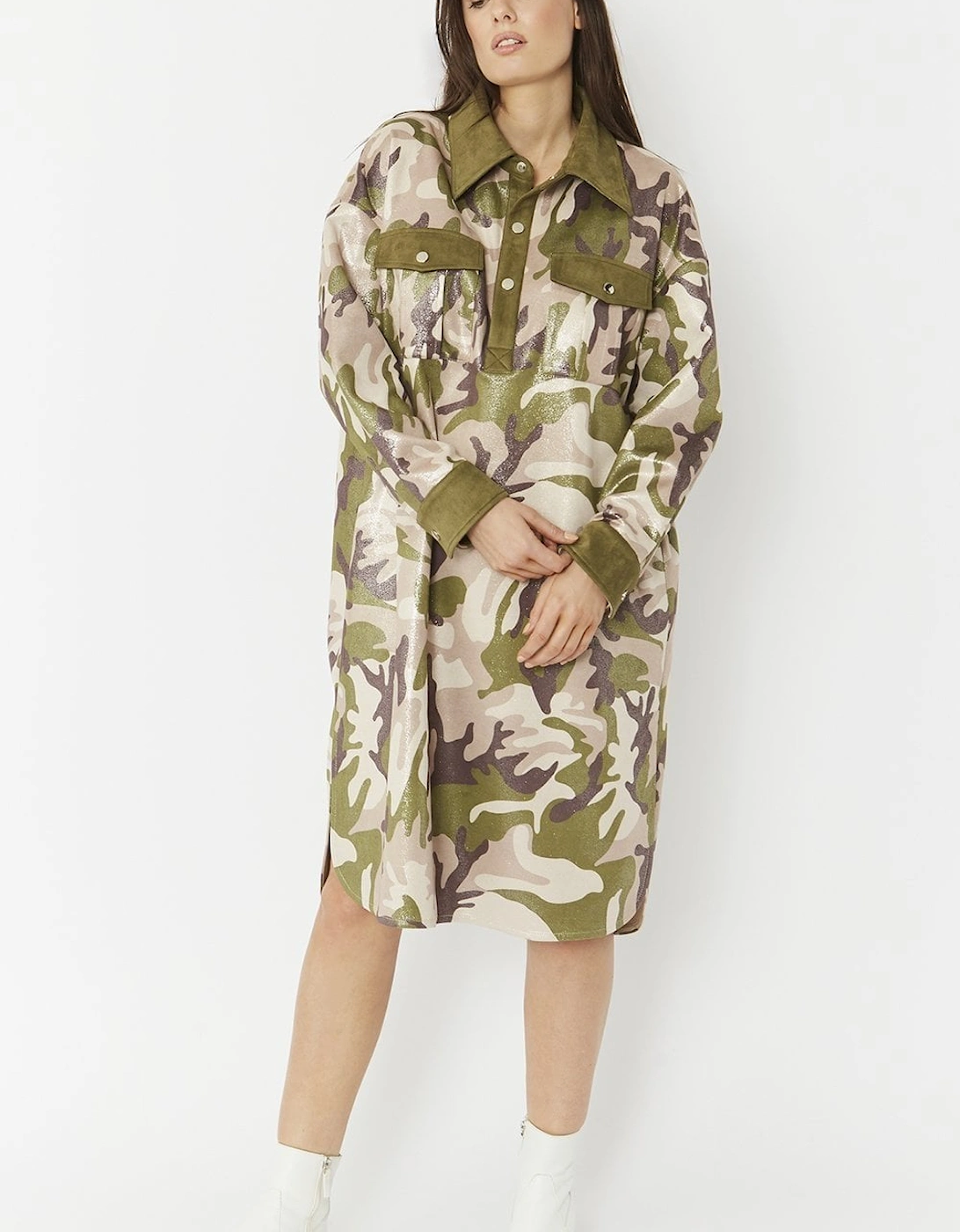 Green Faux Suede Camo Print Utility Dress, 4 of 3