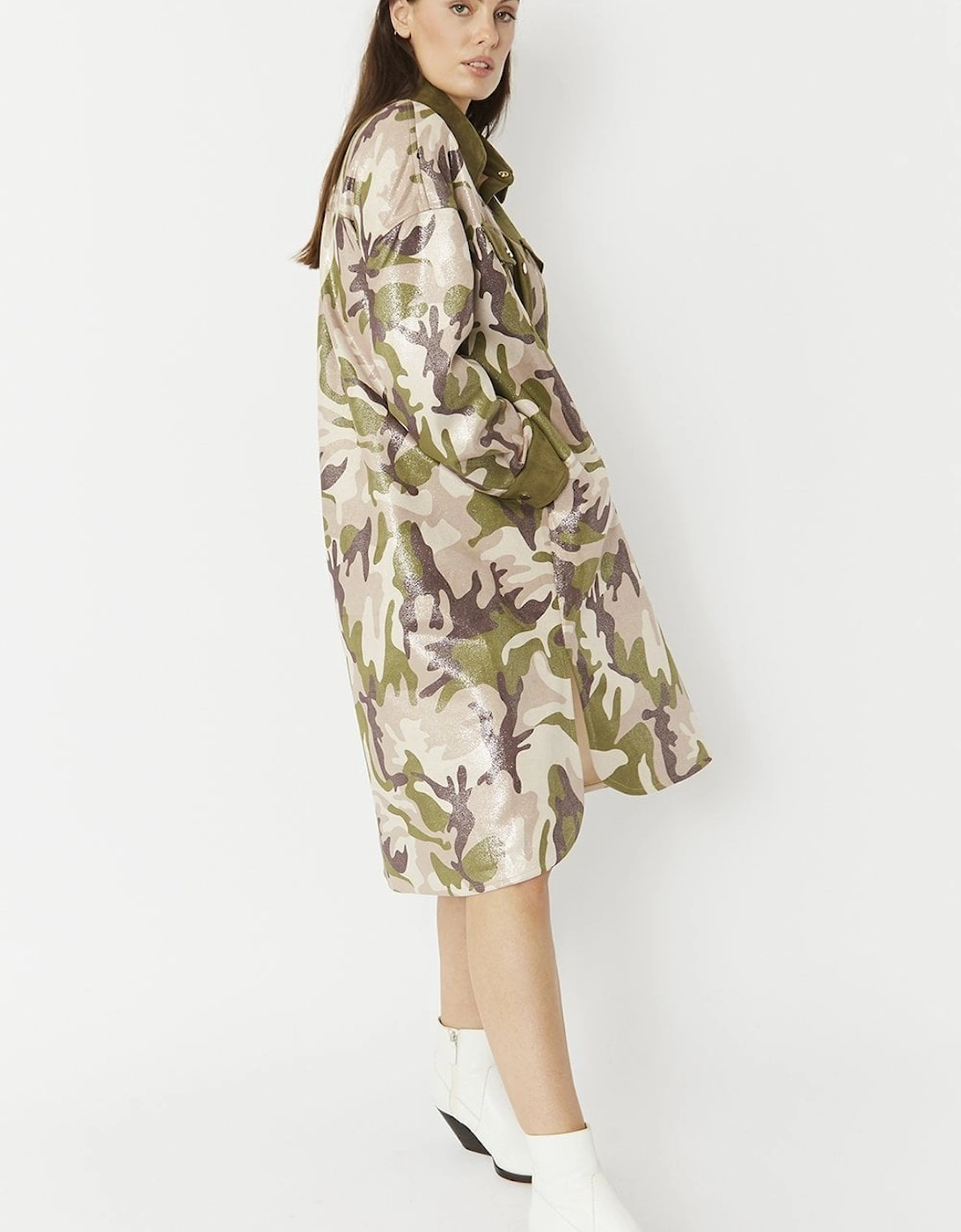 Green Faux Suede Camo Print Utility Dress