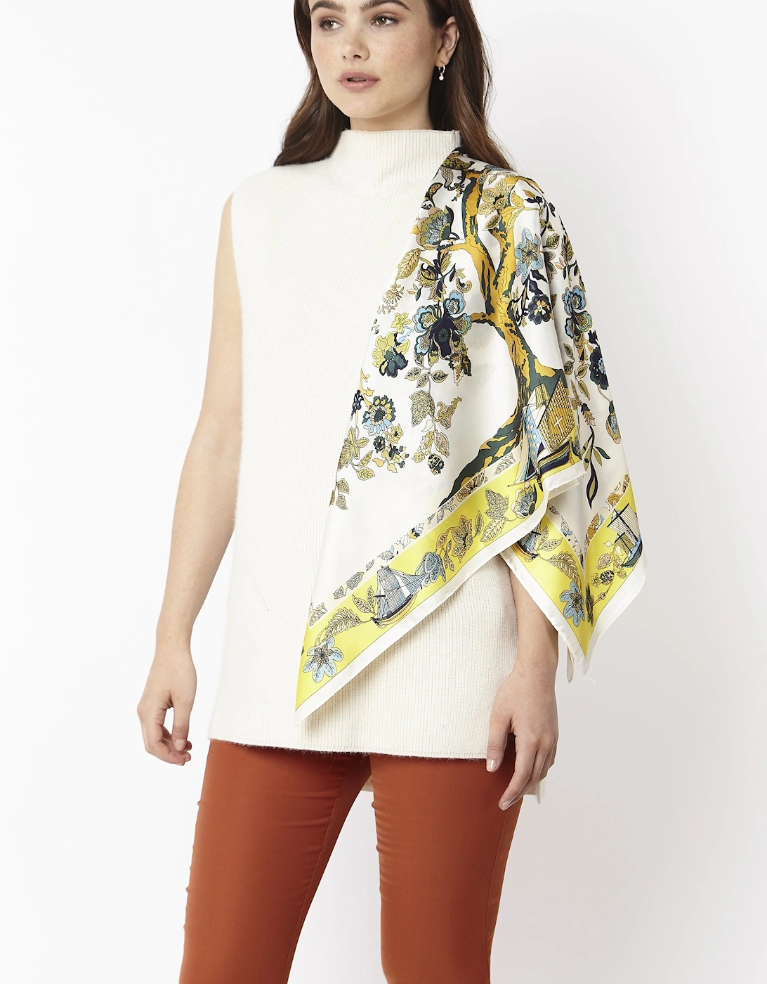 Yellow Silk Blend Floral Scarf, 6 of 5