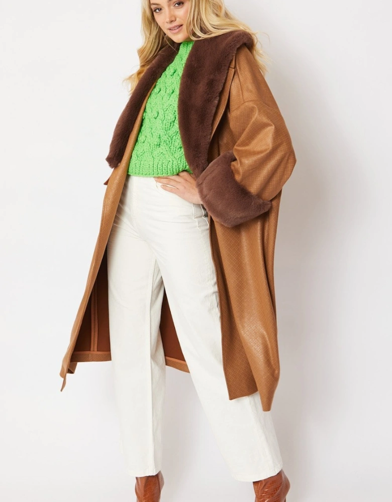 Brown Oversized Faux Suede Jacket With Detachable Faux Fur Cuffs & Collar