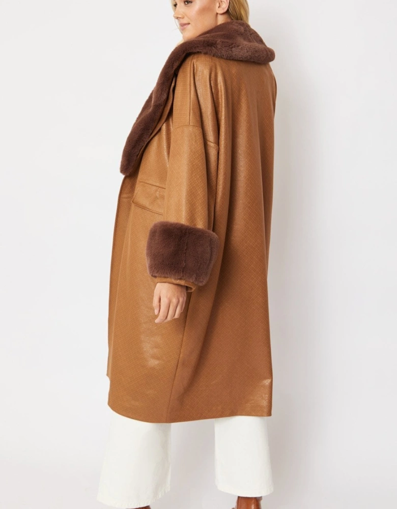 Brown Oversized Faux Suede Jacket With Detachable Faux Fur Cuffs & Collar