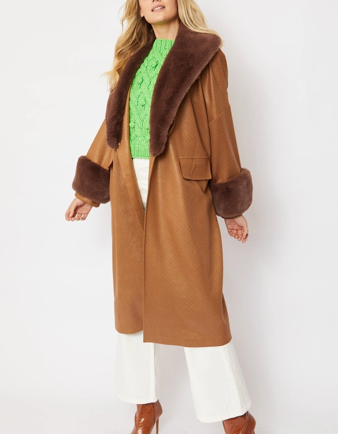 Brown Oversized Faux Suede Jacket With Detachable Faux Fur Cuffs & Collar