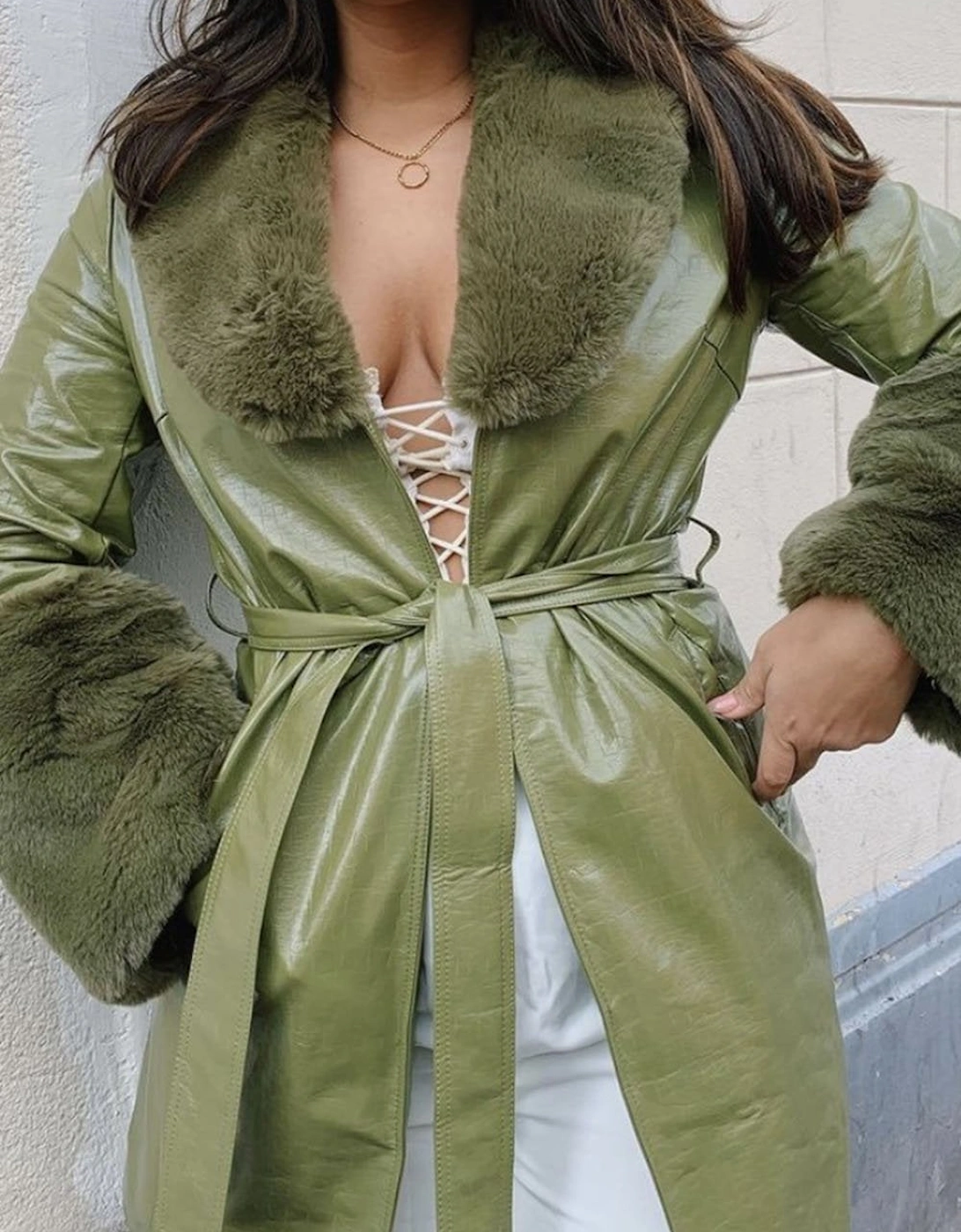 Green Faux Suede Alina Midi Coat with Faux Fur Cuffs and Collar