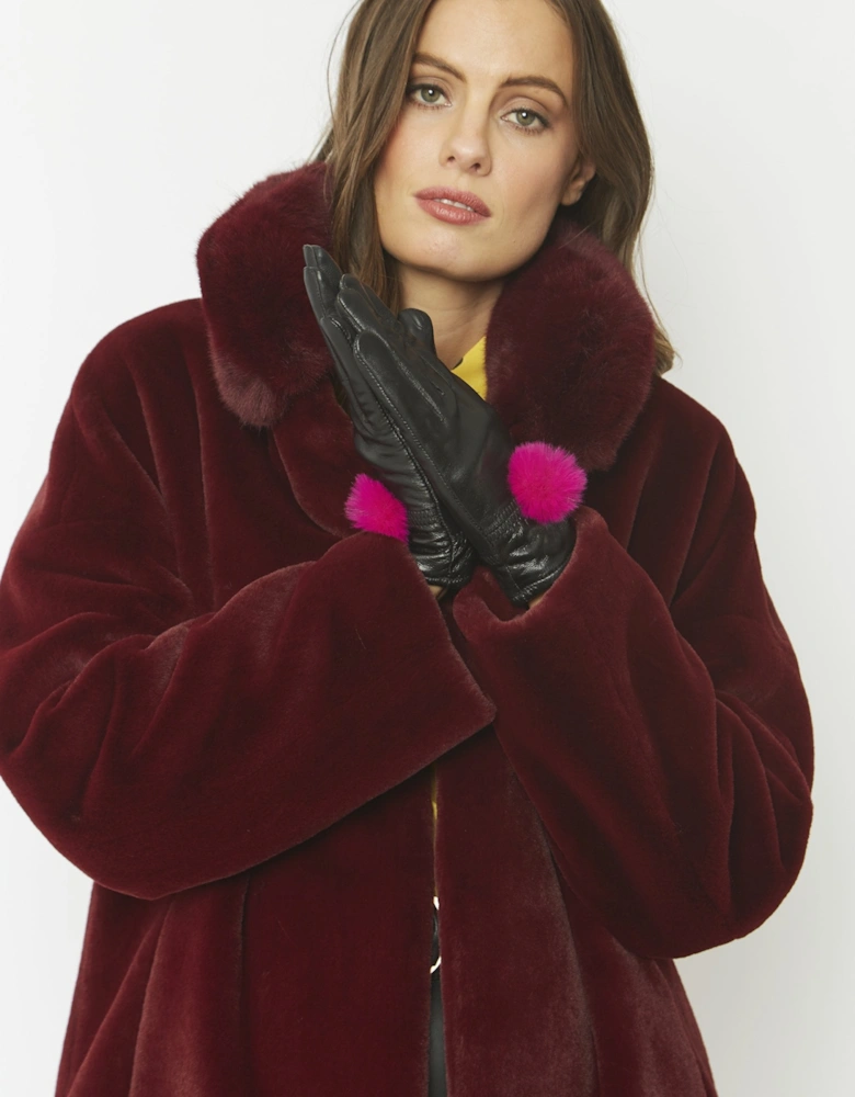 Pink Lambs Leather Gloves Faux Fur Pom Pom