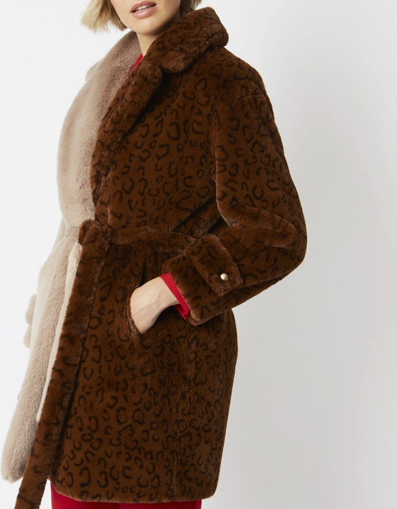 Mocha Faux Fur Coat with Tie Waist