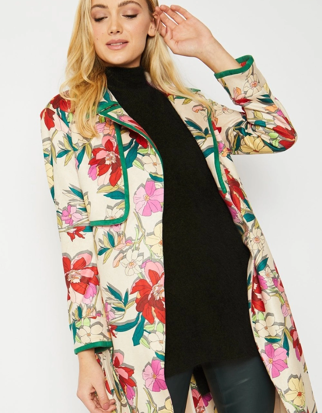 Cream Digital Floral Printed Faux Suede Blazer Jacket, 5 of 4