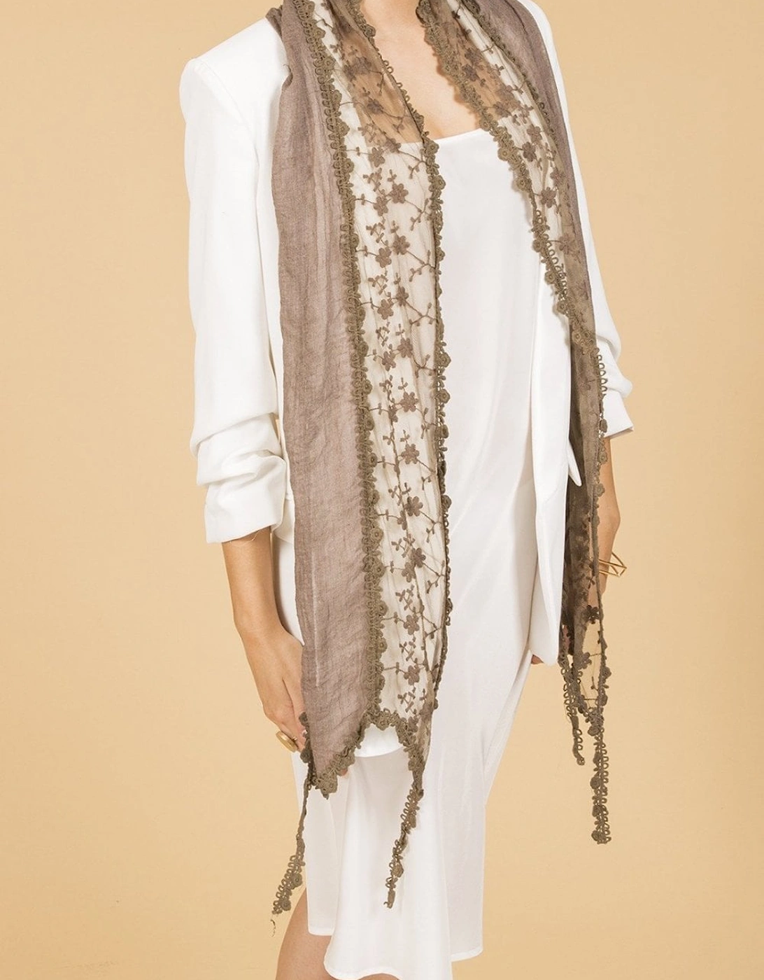 Mocha Vintage Style Lace and Cotton Scarf, 3 of 2