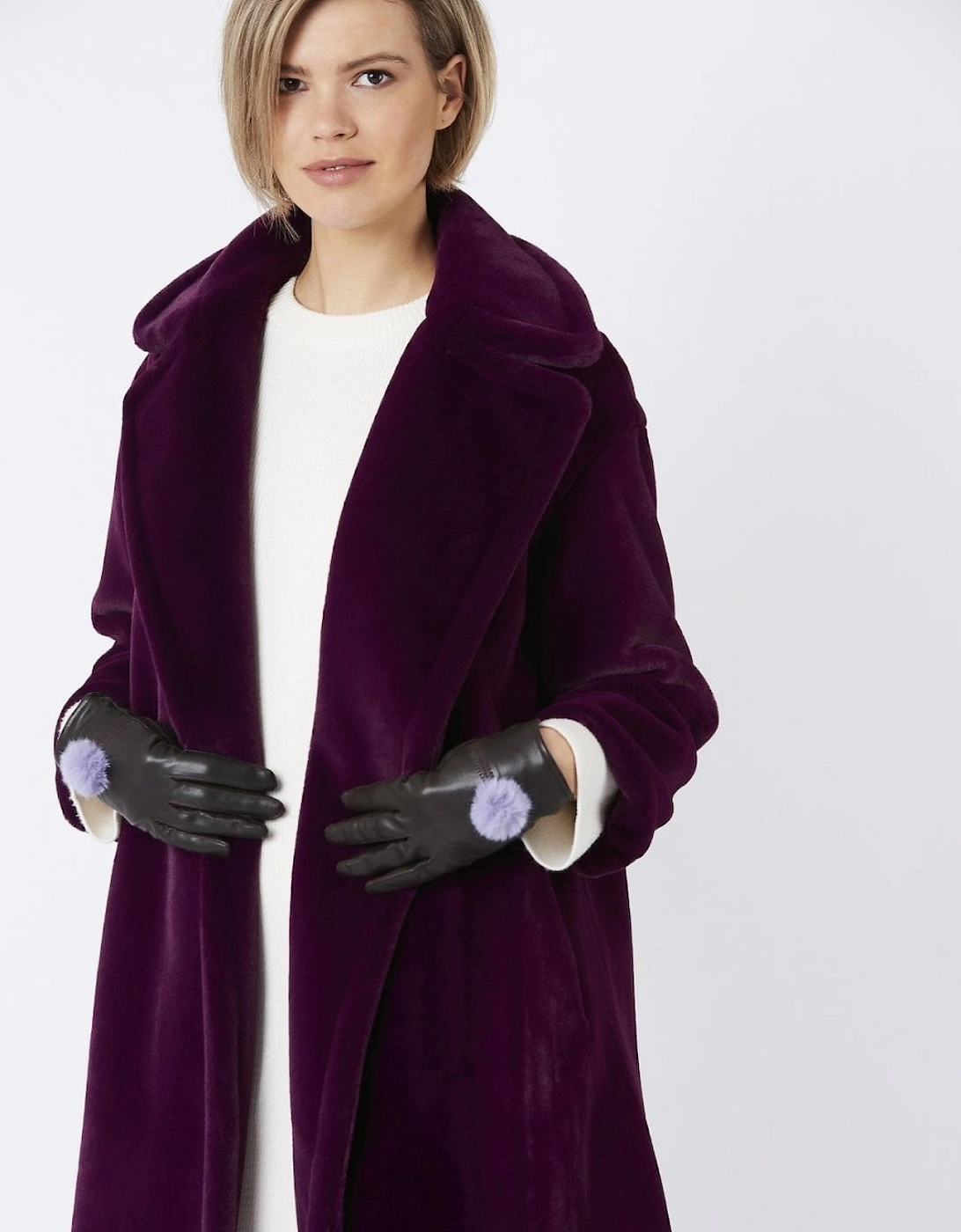 Purple Lambs Leather Gloves Faux Fur Pom Pom