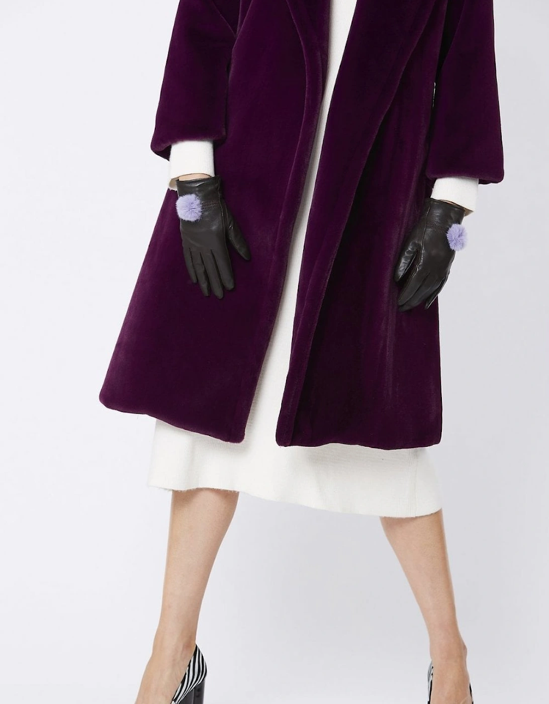 Purple Lambs Leather Gloves Faux Fur Pom Pom