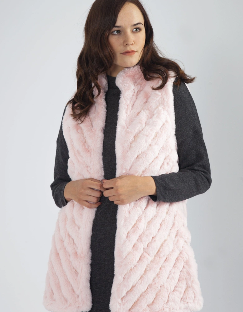 Pink Faux Fur Faux Suede Diagonal Striped Long Gilet