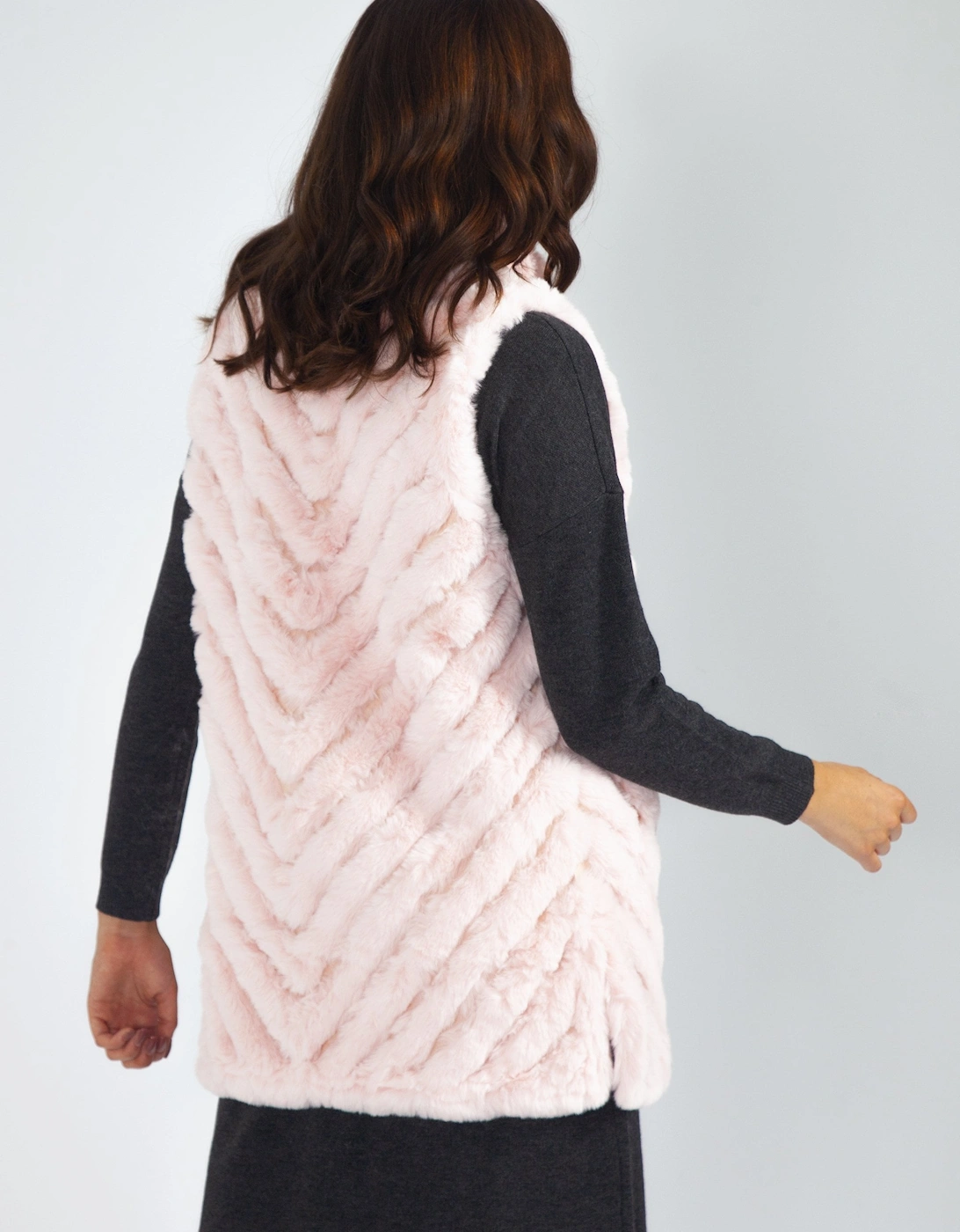 Pink Faux Fur Faux Suede Diagonal Striped Long Gilet