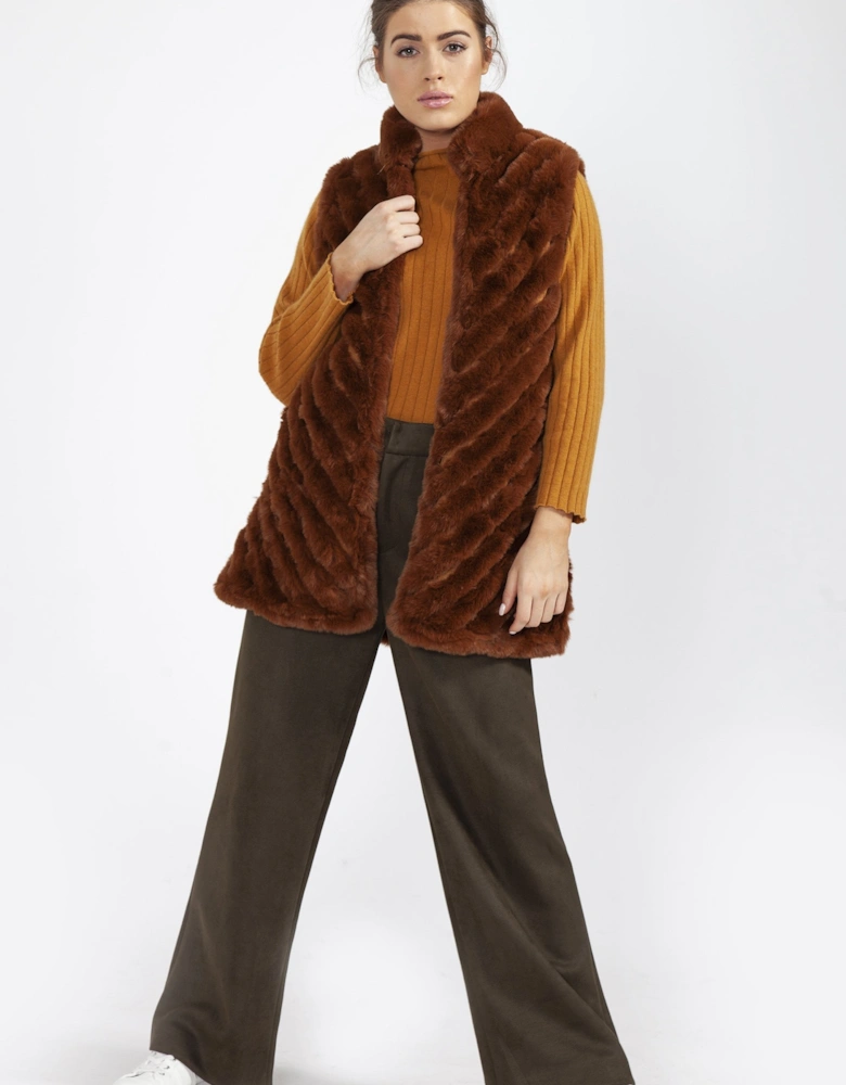 Chocolate Faux Fur Faux Suede Diagonal Striped Long Gilet