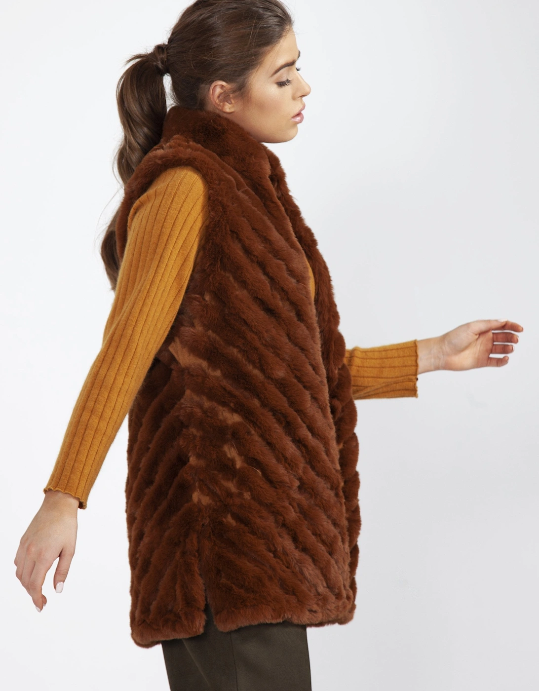 Chocolate Faux Fur Faux Suede Diagonal Striped Long Gilet