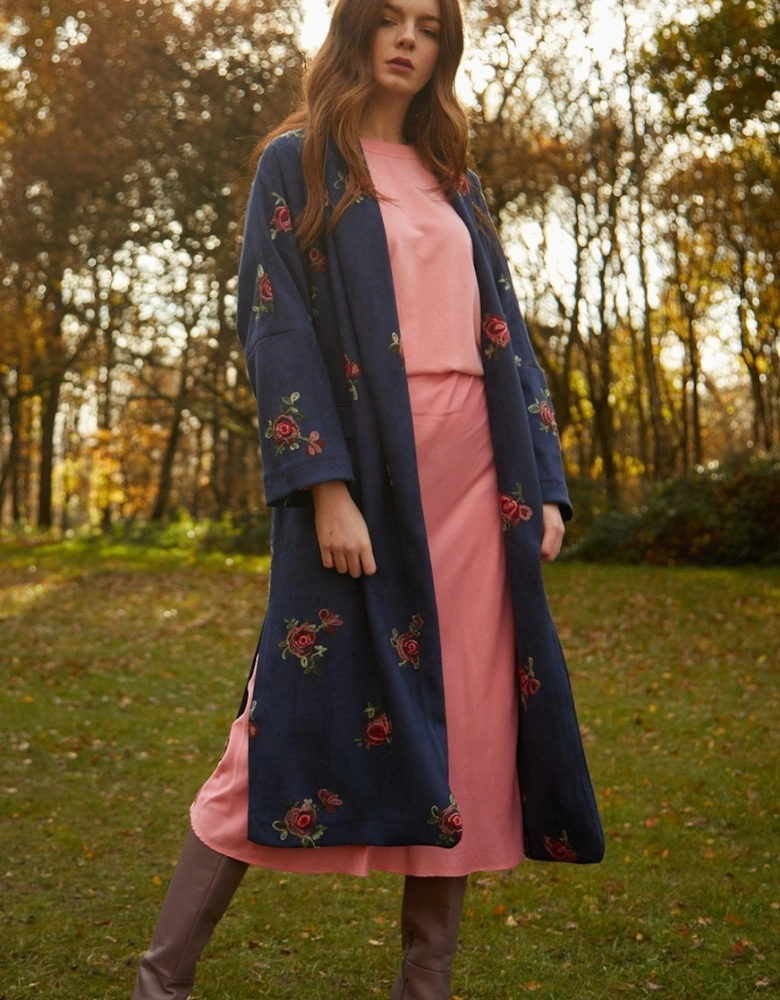 Navy Faux Suede Embroidered Coat