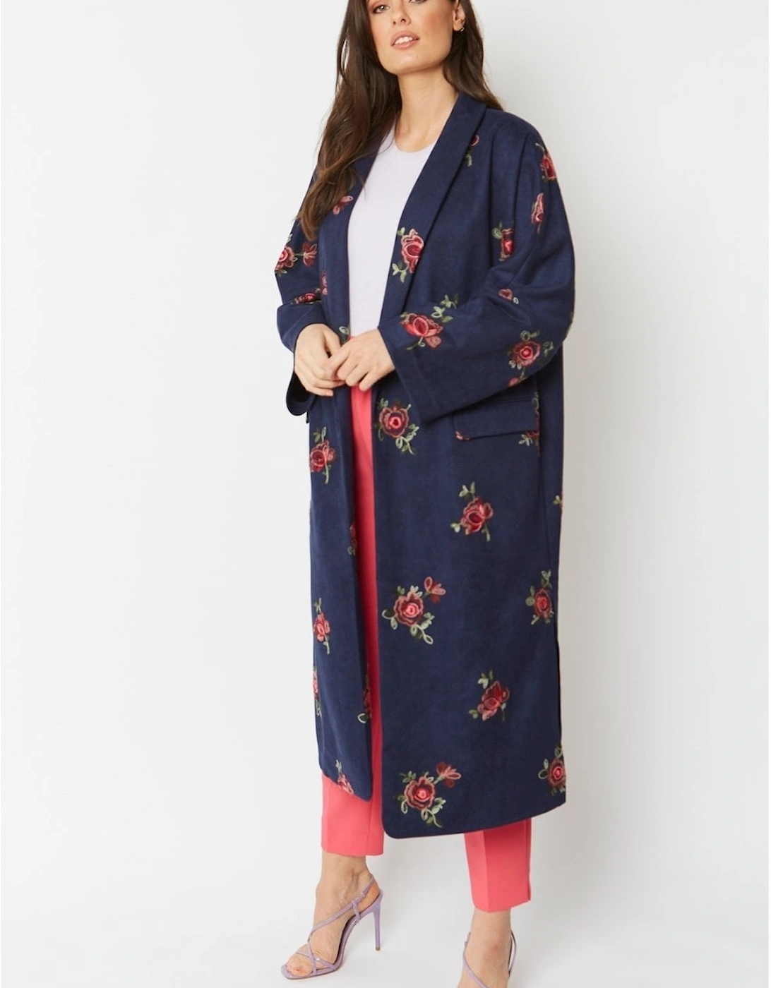 Navy Faux Suede Embroidered Coat