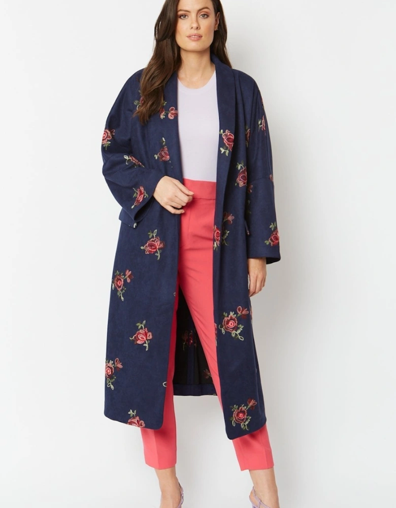 Blue Faux Suede Embroidered Coat