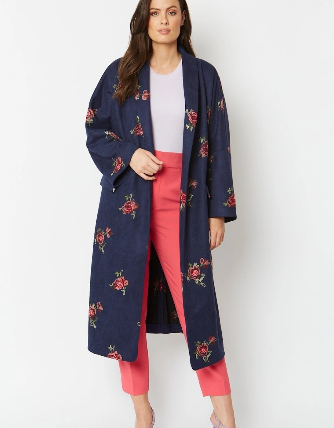 Navy Faux Suede Embroidered Coat