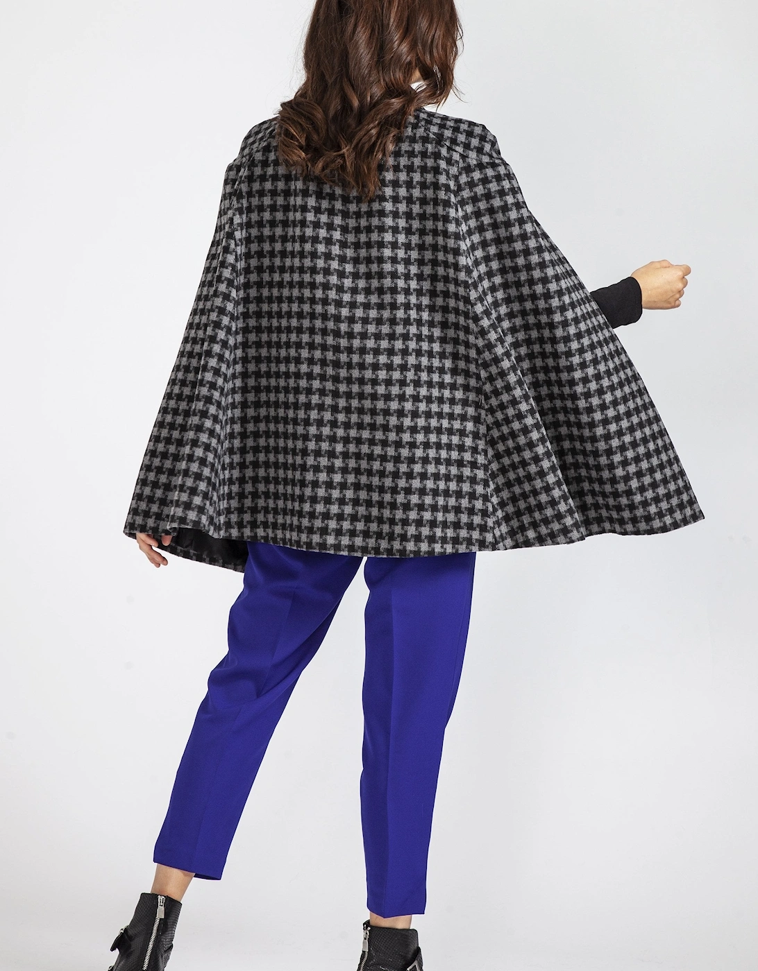 Grey Houndstooth Cape Coat with Military Buttons