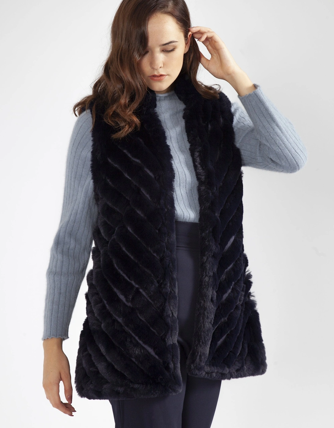 Navy Faux Fur Faux Suede Diagonal Striped Long Gilet, 4 of 3