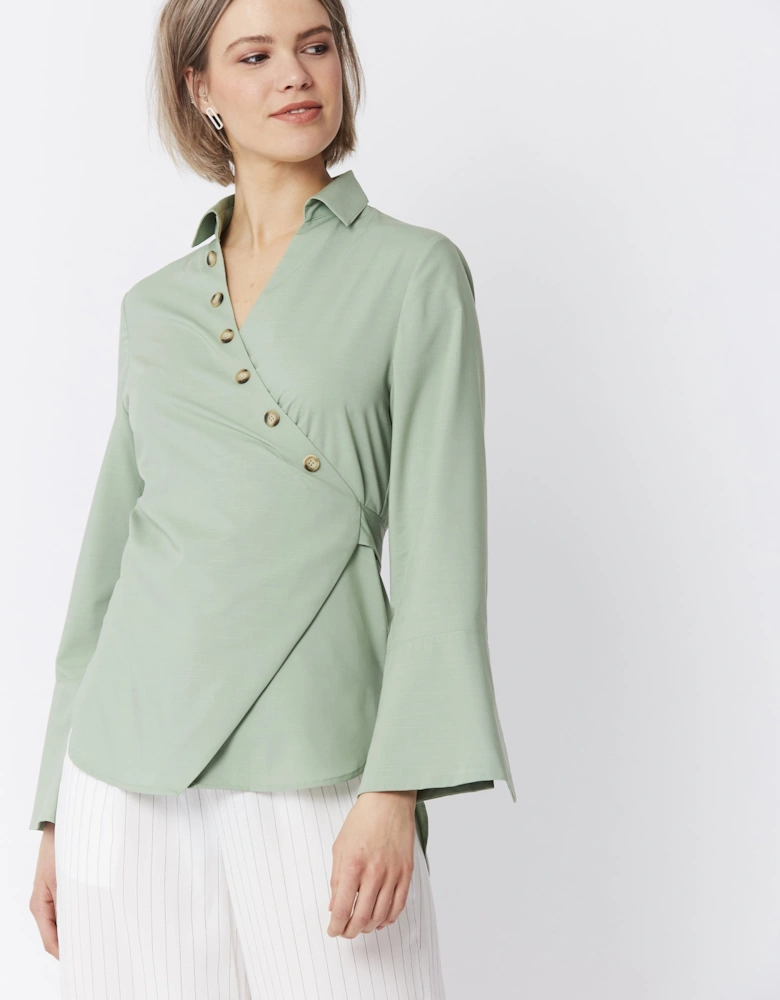 Green Cotton Blend Wrap Top